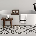 White Freestanding Bathtub With Black Faucet Wooden Stool Towel Tray Geometric Rug And Slippers