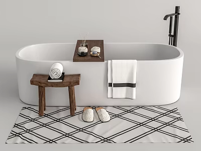 White Freestanding Bathtub With Black Faucet Wooden Stool Towel Tray Geometric Rug And Slippers 3d model