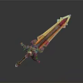 Glowing Fantasy Sword With Red Yellow Blade And Intricate Ornate Hilt Design