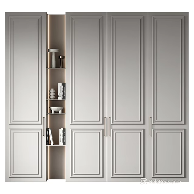 Modern Light Gray Dresser With Cabinet Doors Metal Handles And Side Storage Shelves 3d model 