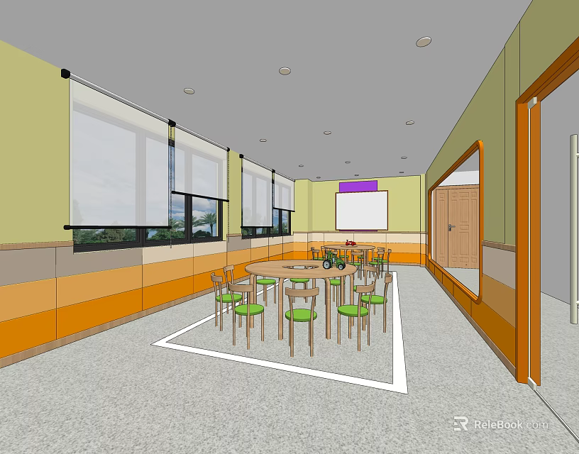 School Bright Classroom Interior With Round Tables Green Chairs And Windows 3d model
