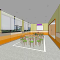 School Bright Classroom Interior With Round Tables Green Chairs And Windows 3d model