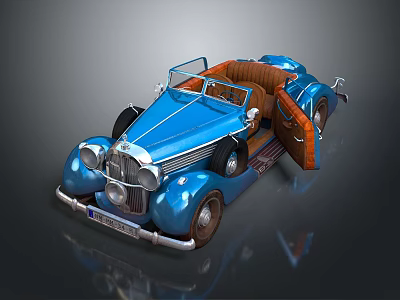 Classic Blue Vintage Convertible Car With Open Top Brown Leather Interior And Chrome Details 3d model