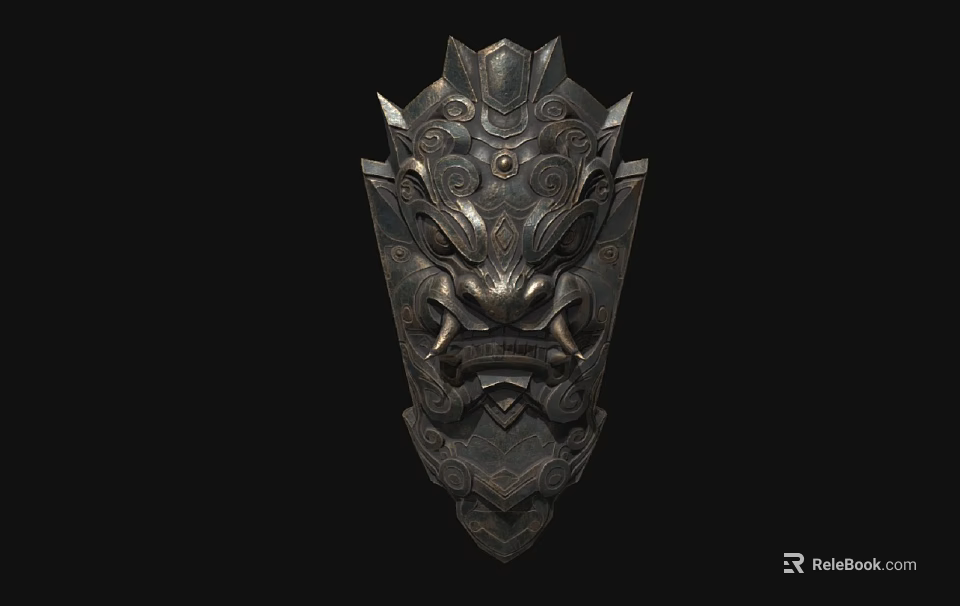 Ancient Mask Shaped Carved Metal Weapon With Intricate Dragon Design 3d model 