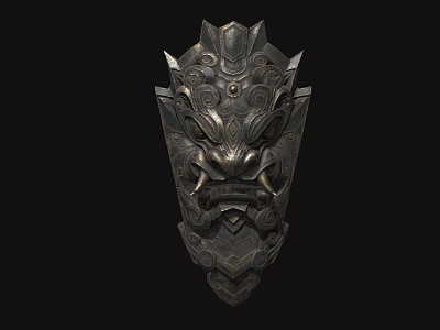 Ancient Mask Shaped Carved Metal Weapon With Intricate Dragon Design 3d model