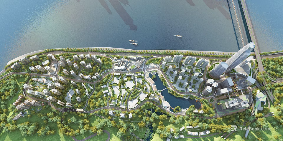 Aerial View Urban Planning Of Waterfront Residential Area With Green Spaces Lakes And Roads 3d model 