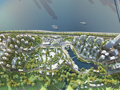 Aerial View Urban Planning Of Waterfront Residential Area With Green Spaces Lakes And Roads 3d model