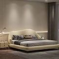 Modern Double Bed with Beige Upholstered Headboard Patterned Pillows Nightstands Table Lamps and Gray Rug