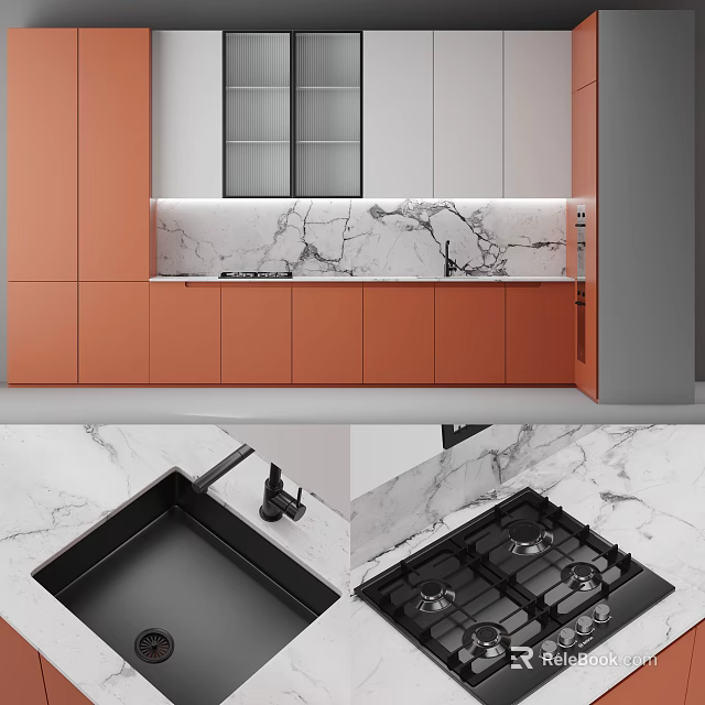 Modern Kitchen Interior With Orange Cabinets And Marble Countertop Stove Sink 3d model