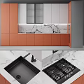 Modern Kitchen Interior With Orange Cabinets And Marble Countertop Stove Sink 3d model