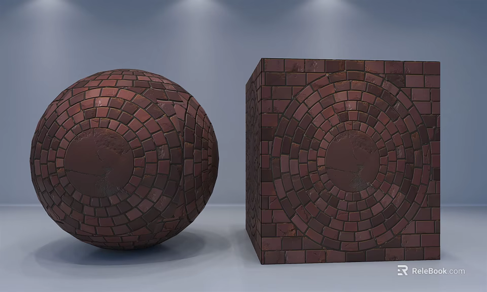 Red Brick Wall Design With Circular Pattern On Decorative Sphere And Cube 3d model