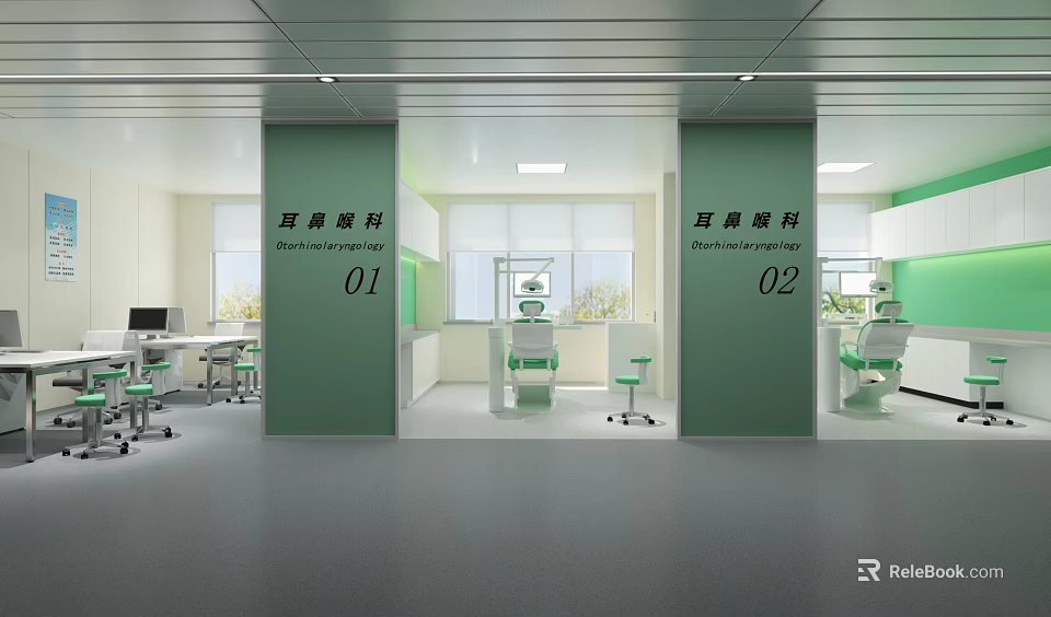 Otolaryngology Clinic Interior With Green Partition Examination Rooms And Medical Equipment 3d model 