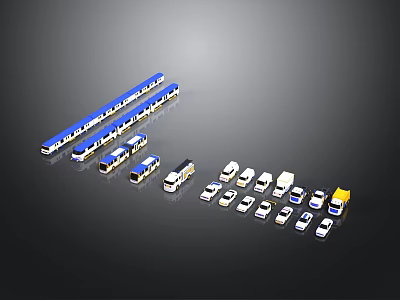 Various Vehicles Including Long Blue Trains Buses Trucks And Cars On 3d model