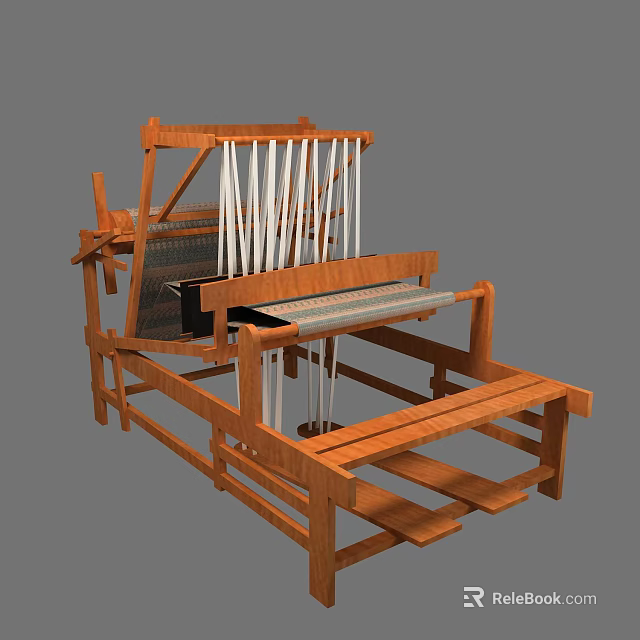 Vintage Wooden Loom With Vertical Threads And Wooden Frame Weaving Tool 3d model 
