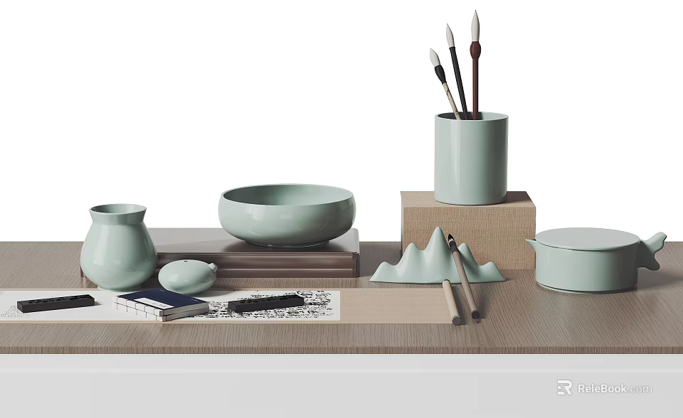 Light Green Ceramic Desk Items With Brushes Notebook And Mountain Decor On Wooden Table 3d model 