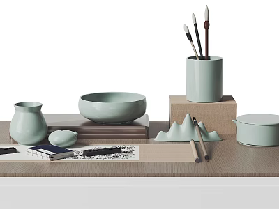 Light Green Ceramic Desk Items With Brushes Notebook And Mountain Decor On Wooden Table 3d model