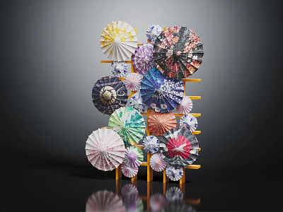 Colorful Folding Umbrellas Neatly Displayed On Yellow Rack For Home Storage 3d model