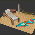 Beach Setup Featuring Wooden Lounge Chair With White Cushion Wooden Chest Hammock And Colorful Surfboard