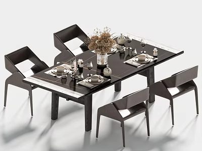 Modern Dining Table And Chairs Set With Floral Arrangement And Table Settings 3d model