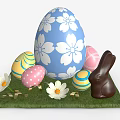 Decorative Ornament Set With Blue Pink Yellow Easter Eggs White Flowers And Green Grass Pad