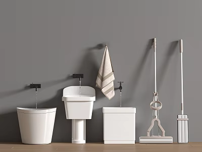 Modern Bathroom Fixtures Display With White Toilet Sink Mop And Towel 3d model