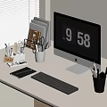 Organized Home Office Desk With Computer Monitor Keyboard Smartphone And Stationery