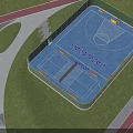 Park Landscape With Enclosed Basketball Court Blue Surface Green Fence And Grass Walking Path