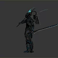 Cyber Warrior In Armored Suit With Glowing Dual Swords On Metallic Platform