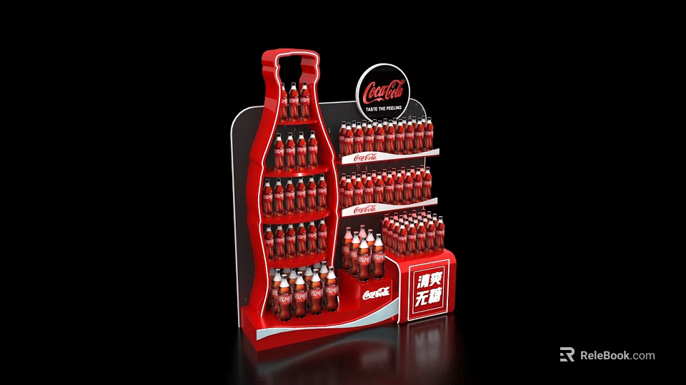 Red Commercial Beverage Display Stand with Multiple Layers and Coca-Cola Bottles for Retail Stores 3d model 