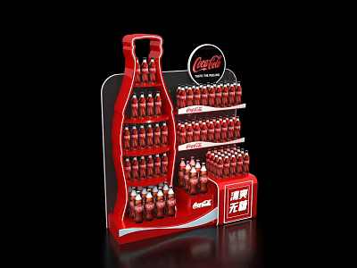 Red Commercial Beverage Display Stand with Multiple Layers and Coca-Cola Bottles for Retail Stores 3d model