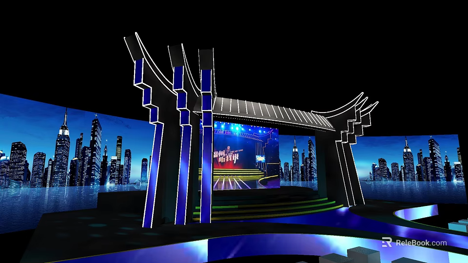 Modern Stage Design With Blue Lighting City Background And LED Displays 3d model