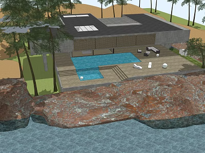 Modern Detached Villa With Swimming Pool Terrace And Waterfront Rocky Surroundings 3d model