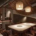 Rustic Modern Restaurant Interior With Wooden Beams Green Plants And Stone Accents