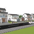 Modern Residential Houses With White Walls Gray Roofs Road Grass White Car And Bicycle