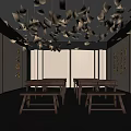 Cultural Center Interior Design with Calligraphy Works Ceiling Paper Decor and Wooden Tables Benches