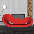 Stylish Curved Red Double Sofa In Modern Living Room With Fireplace And Floor Lamp