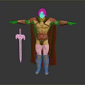 Muscular Blond Man in Golden Shoulder Armor Red Cape Holding Sword Standing Pose