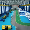 Spacious Factory Interior With High Ceiling Windows Blue Green Floors Yellow Accents And Machinery