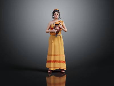 Yellow Long Dress With Red Stripes Ornate Headpiece And Sandals For Traditional Attire 3d model