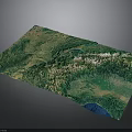 3D Topographic Terrain Model With Green Vegetation Mountain Ranges And Blue Water