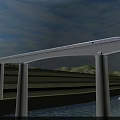 Bridge With High Speed Train Over River And Cargo Ship Near Mountains And Farmland