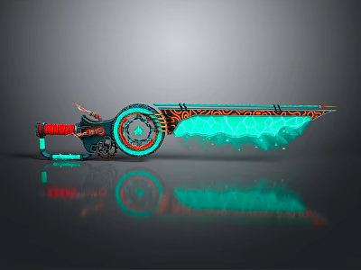 Futuristic Chainsaw With Glowing Green Crystal Blade Red Black Handle Intricate Patterns And Dark Reflection 3d model