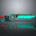 Futuristic Chainsaw With Glowing Green Crystal Blade Red Black Handle Intricate Patterns And Dark Reflection