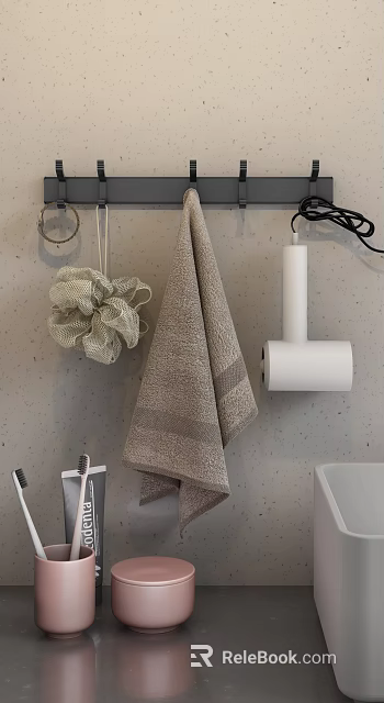 Modern Bathroom Sink Area With Hanging Towel Bath Sponge And Hair Dryer On Textured Wall 3d model 