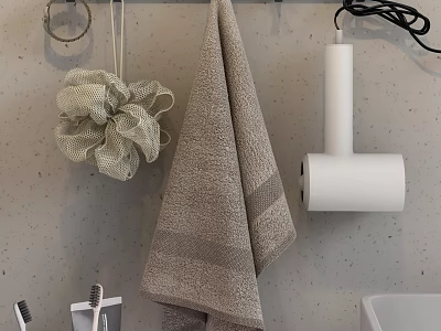 Modern Bathroom Sink Area With Hanging Towel Bath Sponge And Hair Dryer On Textured Wall 3d model