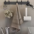 Modern Bathroom Sink Area With Hanging Towel Bath Sponge And Hair Dryer On Textured Wall