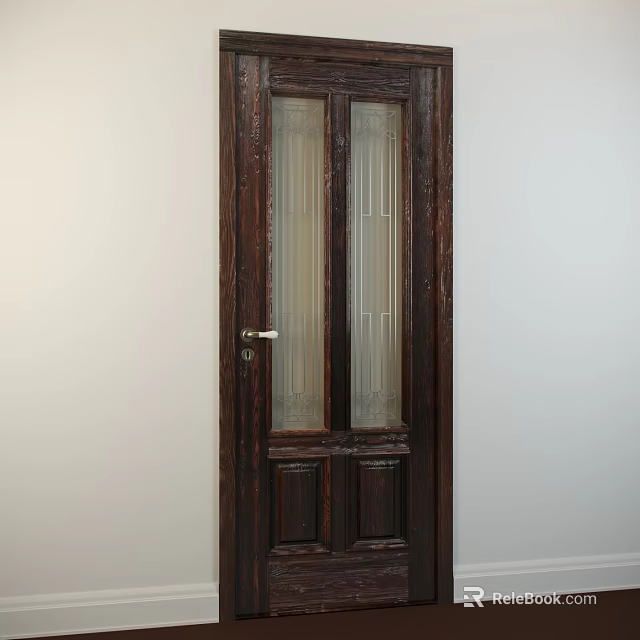 Classic Wooden Hinged Door With Glass Panels And Decorative Carved Design 3d model 