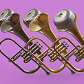 Vintage Brass Musical Instruments in Gold Silver Bronze Tones Display on Purple Background