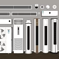Various Air Conditioners and Fans with Different Styles Including Wall Mounted Floor Standing White Units