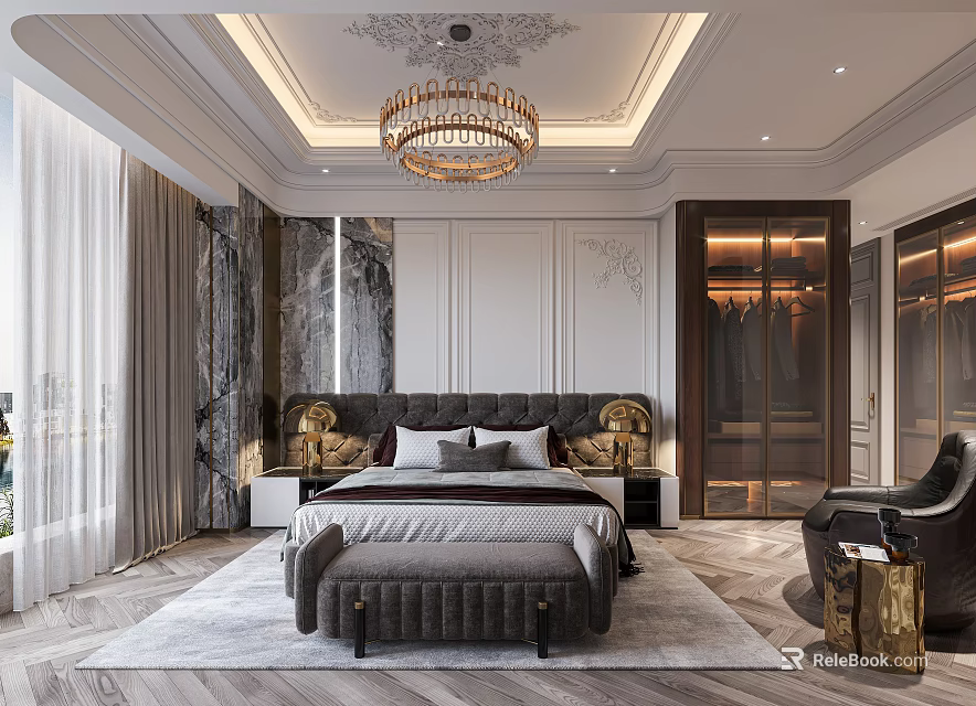 Luxurious Bedroom Interior With Crystal Chandelier Marble Accent Wall Upholstered Bed Wardrobe And Armchair 3d model 